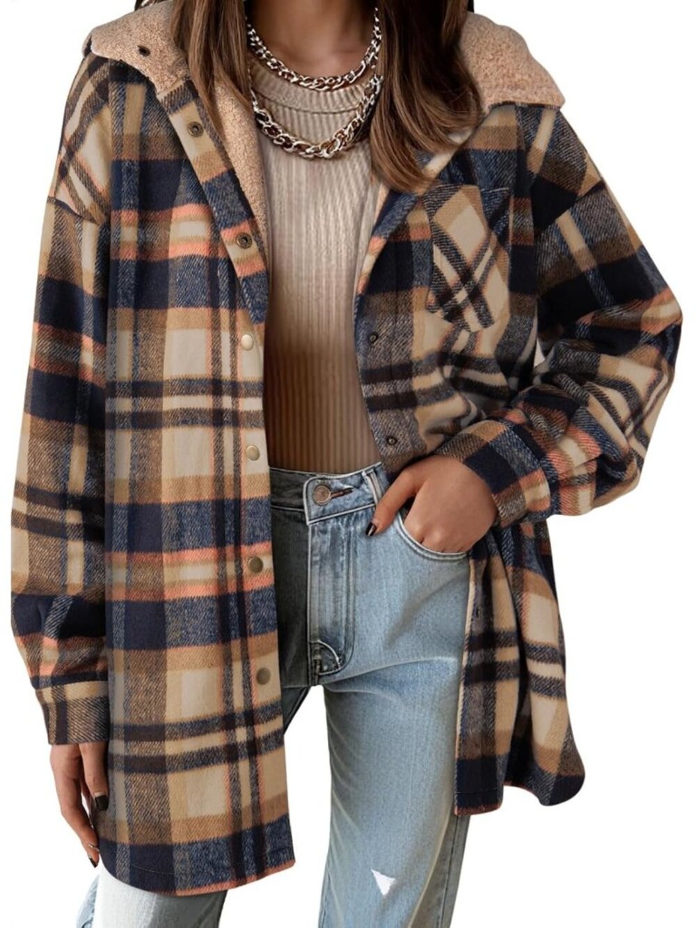 〽️Women's Light French Beige Plaid Hooded Fleece Shacket